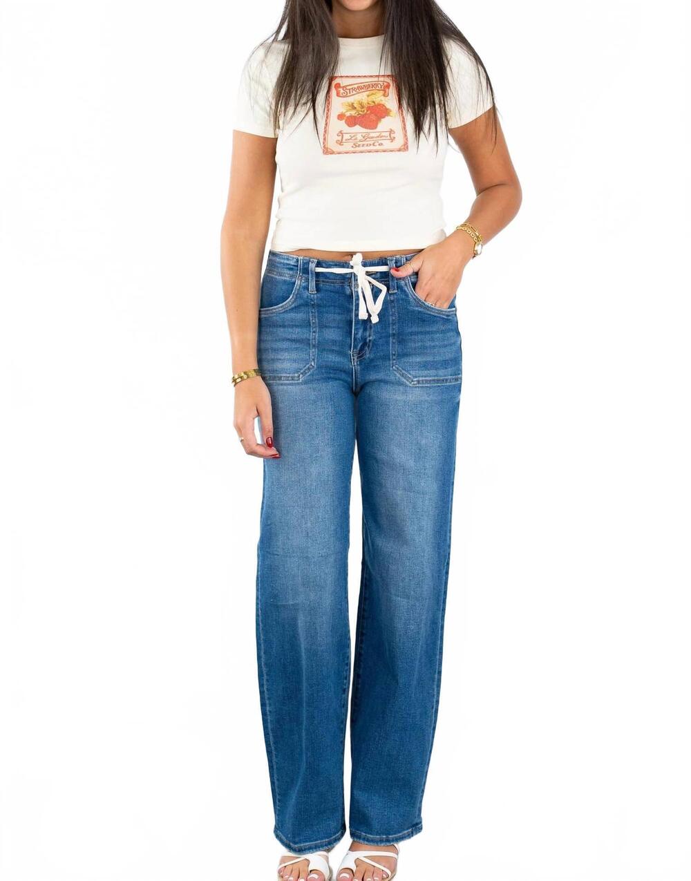 NEW RISEN raquel relaxed wide leg tie jeans in medium blue